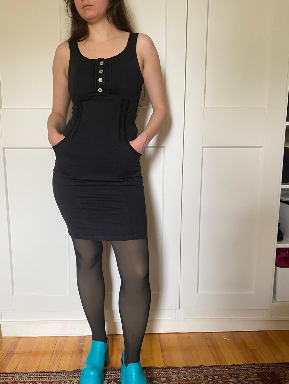 Vintage Black Smock Dress With Pockets And Lace Trim